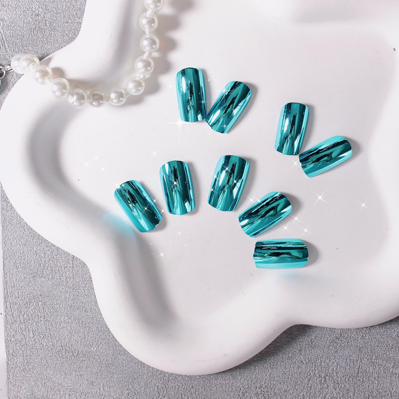 Mirror Metal Teal Blue Press on Nails Medium Short Square Chrome Glazed Short…