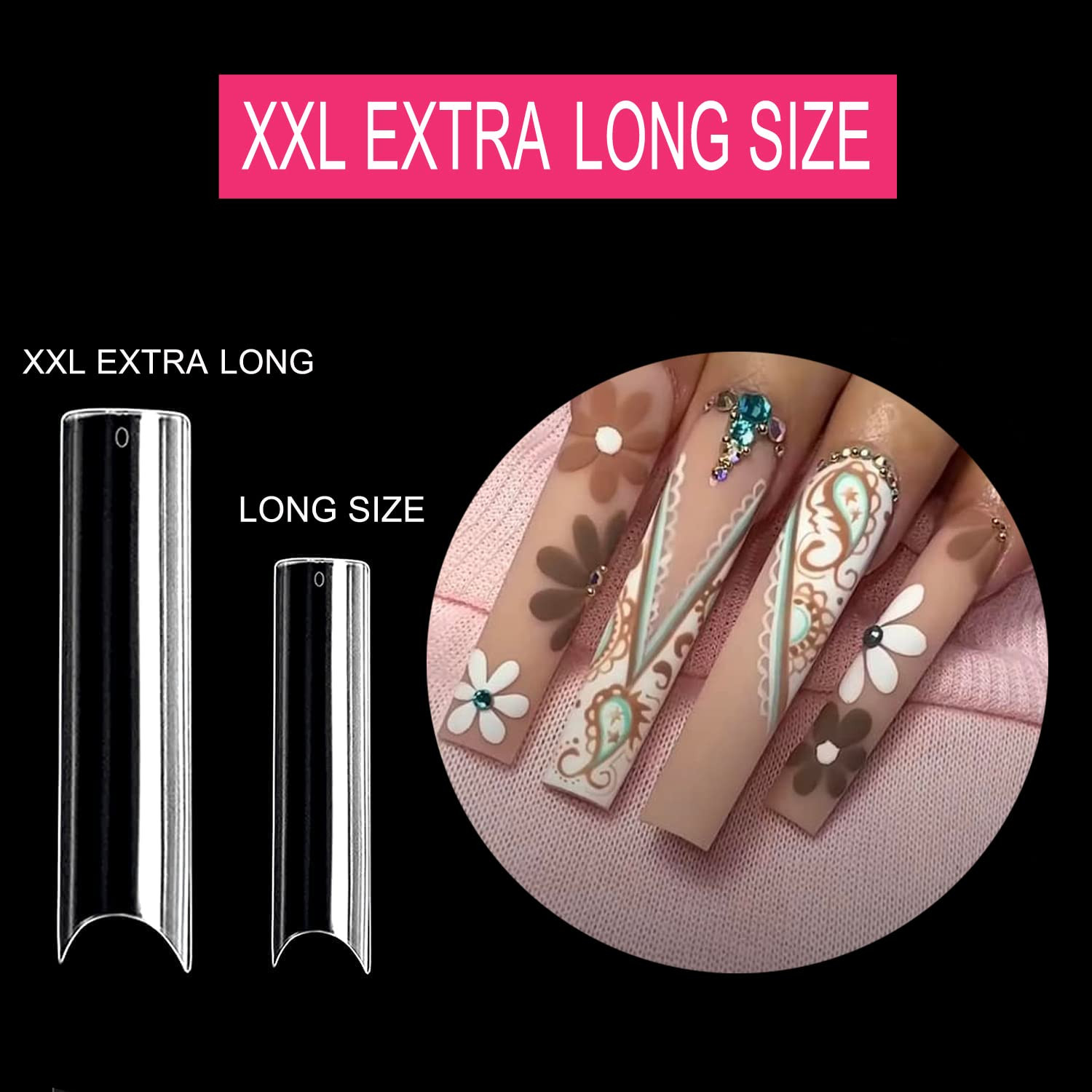 No C Curve Square Flat Nail Tips, 500Pcs XXL Extra Long Acrylic Clear Straight T