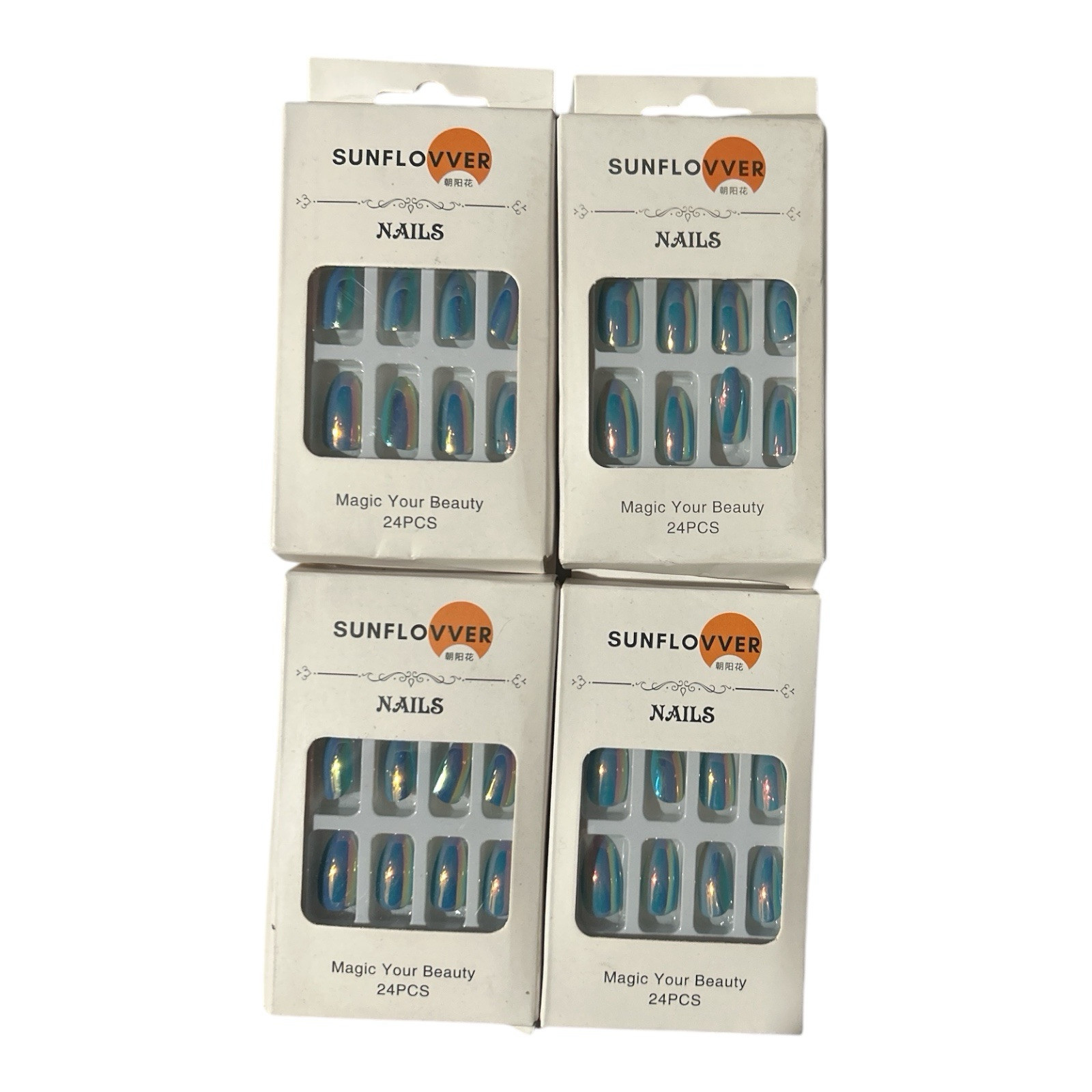 SUNFLOVVER Iridescent Fake Nails Set – Lot of 4 Packs, Stylish Nail Art Designs