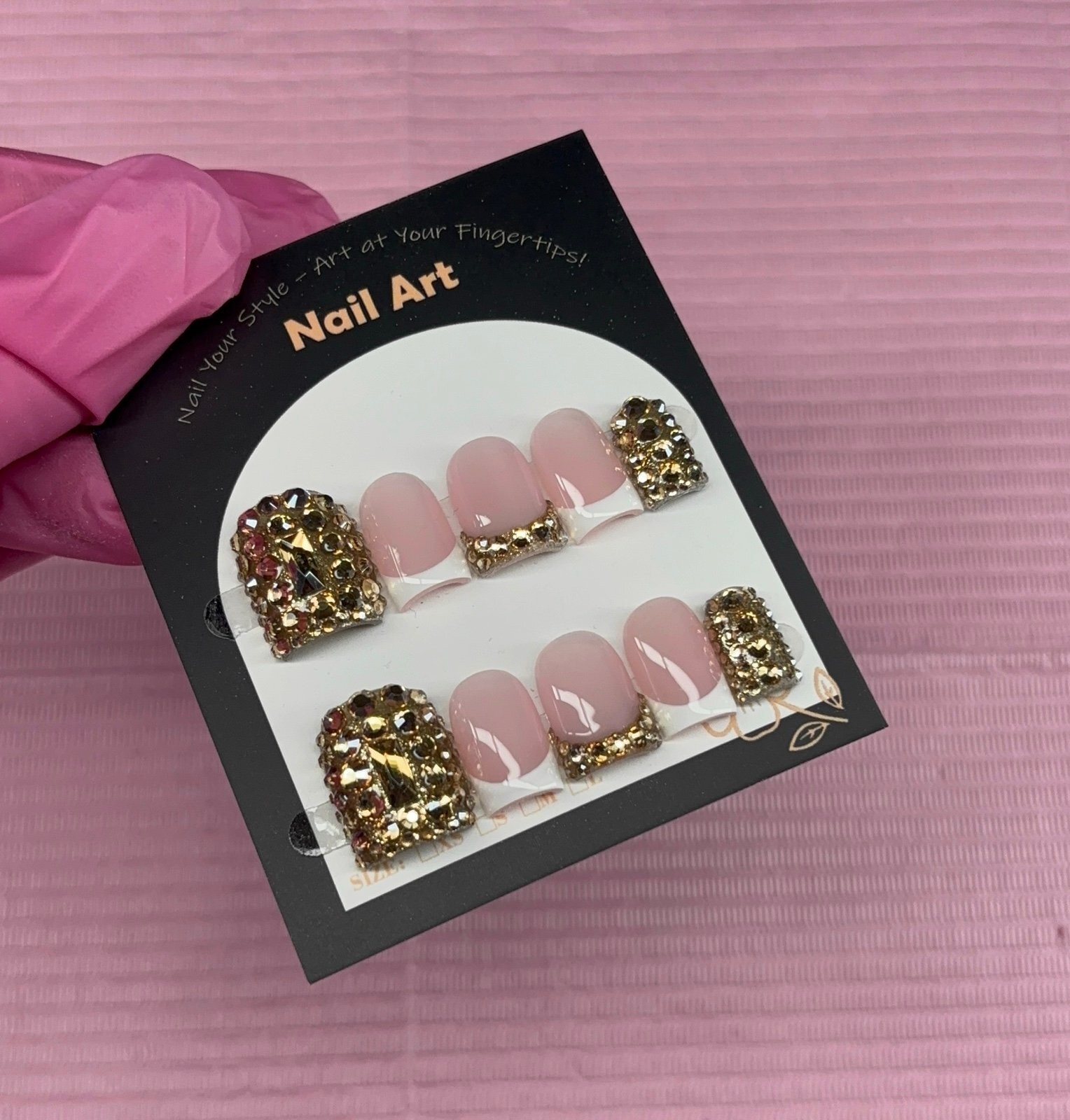 Extra Short square press on nails gold rhinestones white