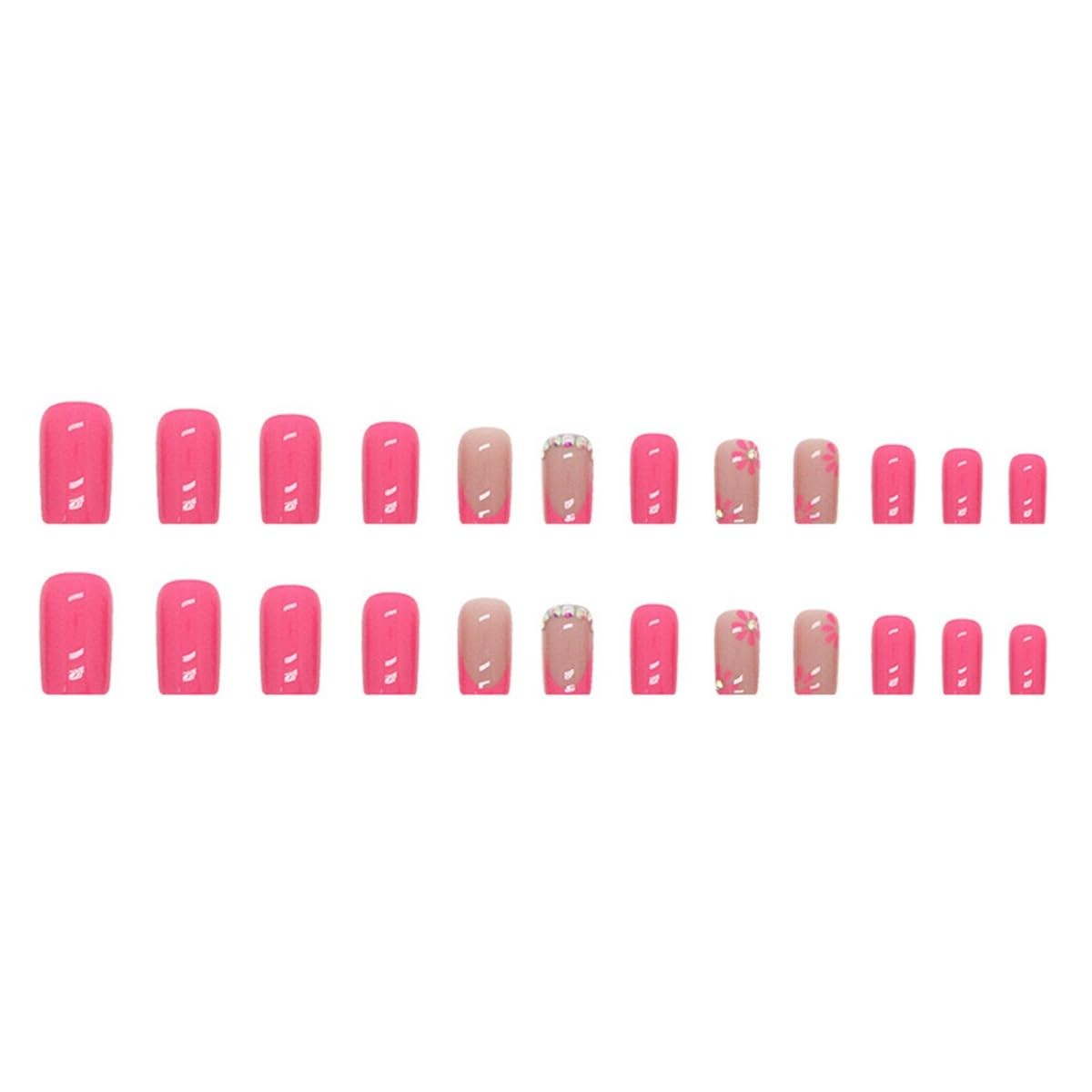 Hot Pink Press on Nails Medium Square Fake Nails French Tip False Floral Pink