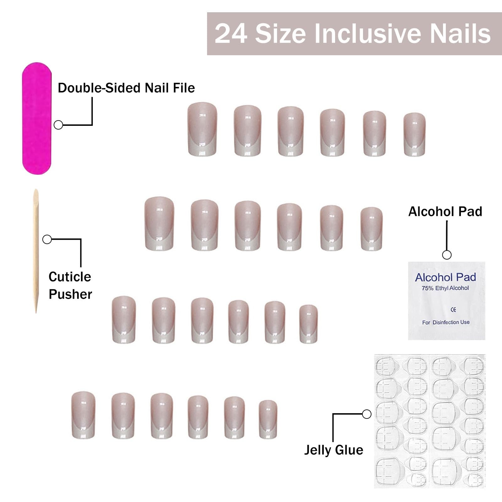 Medium Square French Tip White Flash Full Cover False Nails – 24Pcs with Glos…