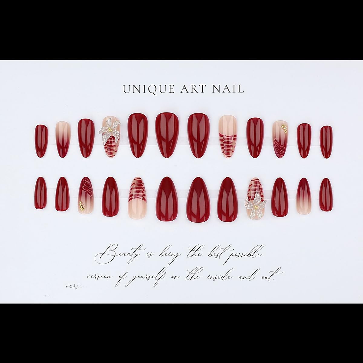 French Tip Medium Almond Press on Nails Wine Red Ombre French Acrylic Fake Na…
