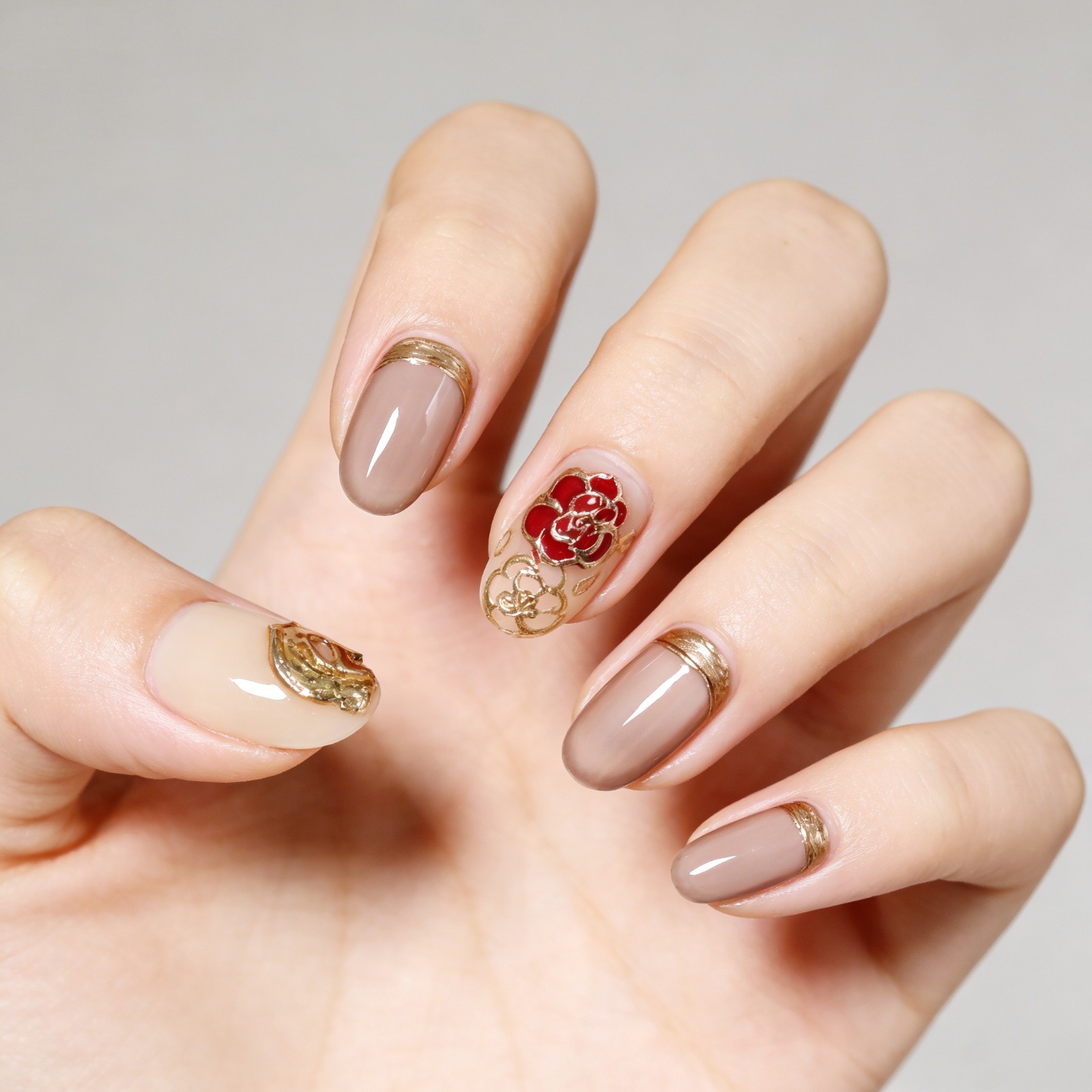 Nude Pink Floral Press On Nails Oval Gold Foil Handmade Elegant Set Gift For Her