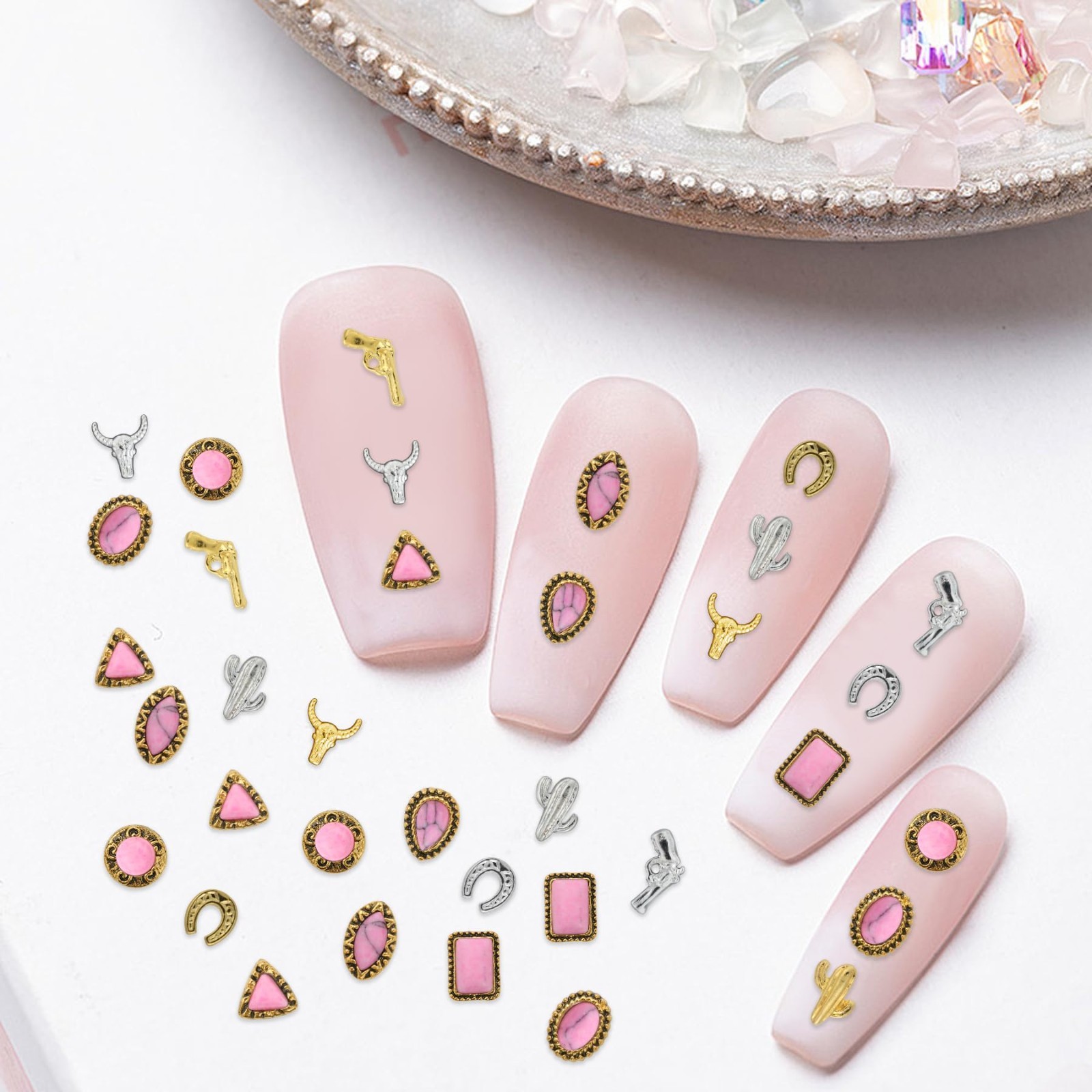 50 PCS Western Nail Charms – Pink Turquoise 3D Gems, Retro Cowgirl Jewelry Gifts