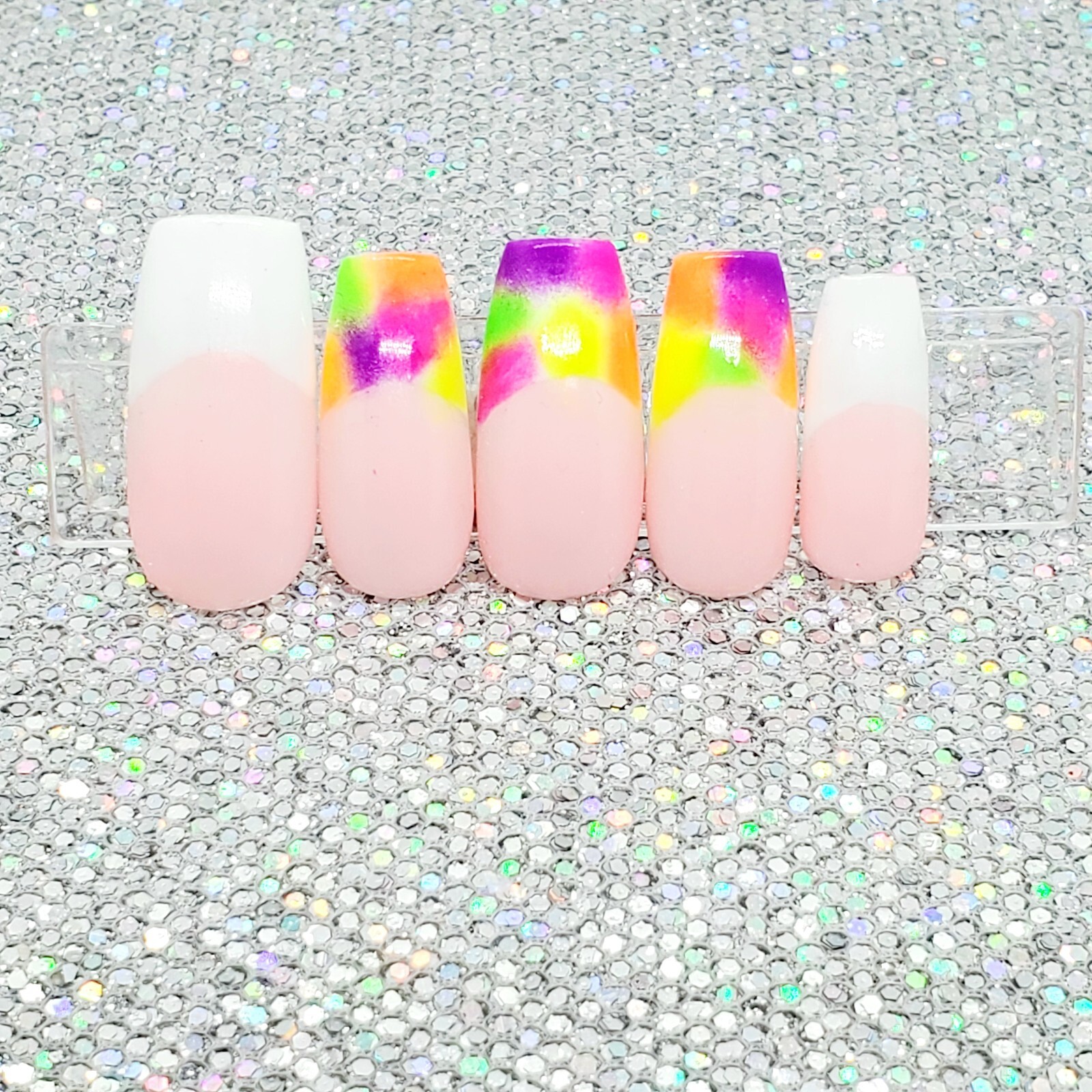 Neon Tie Dye French Tip Short Square Nail Set Press On Nails Handmade Hard Gel