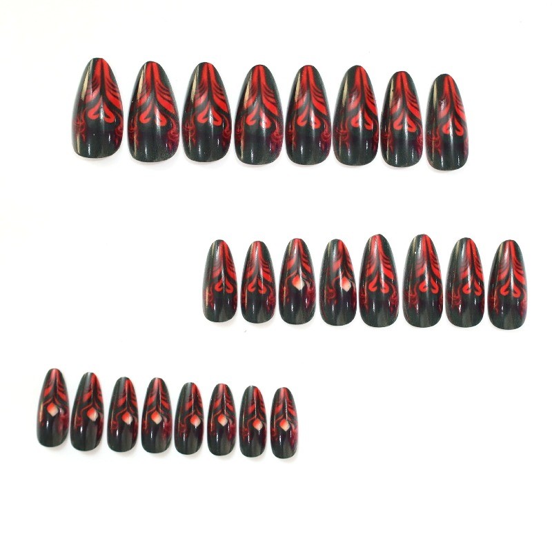 48 pieces of women’s long, thin, high-heeled black and red glossy fake nail art