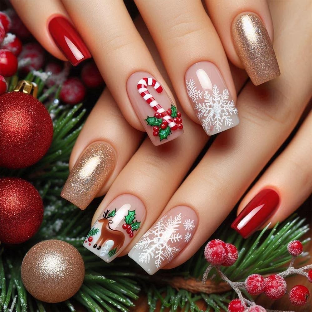 48pcs Christmas Press-on Nails Candy Cane Reindeer Snowflake Holiday Party Nails