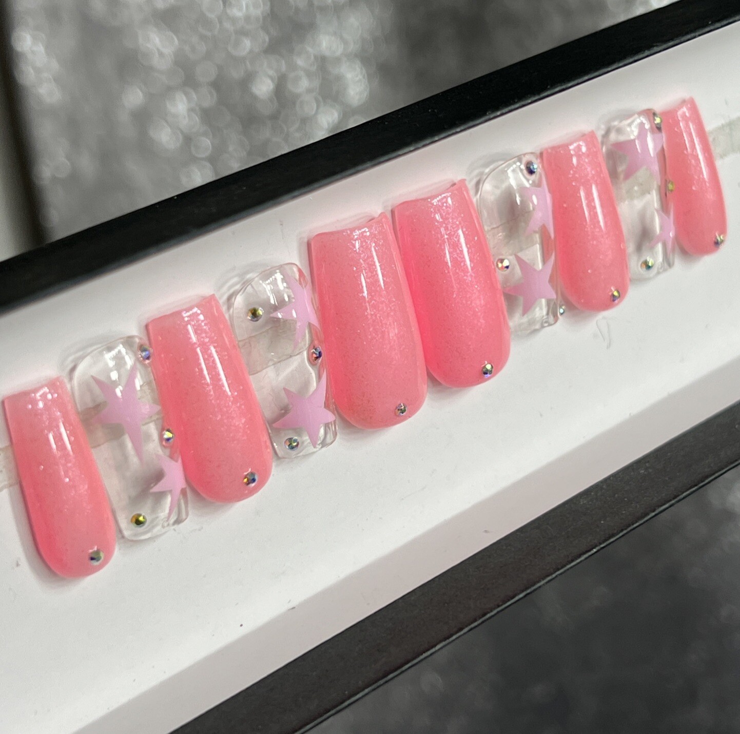 🔥 CUSTOM Gel Press On Nails, LIGHT PINK WHITE W BLING 10p FULL SET W Kit