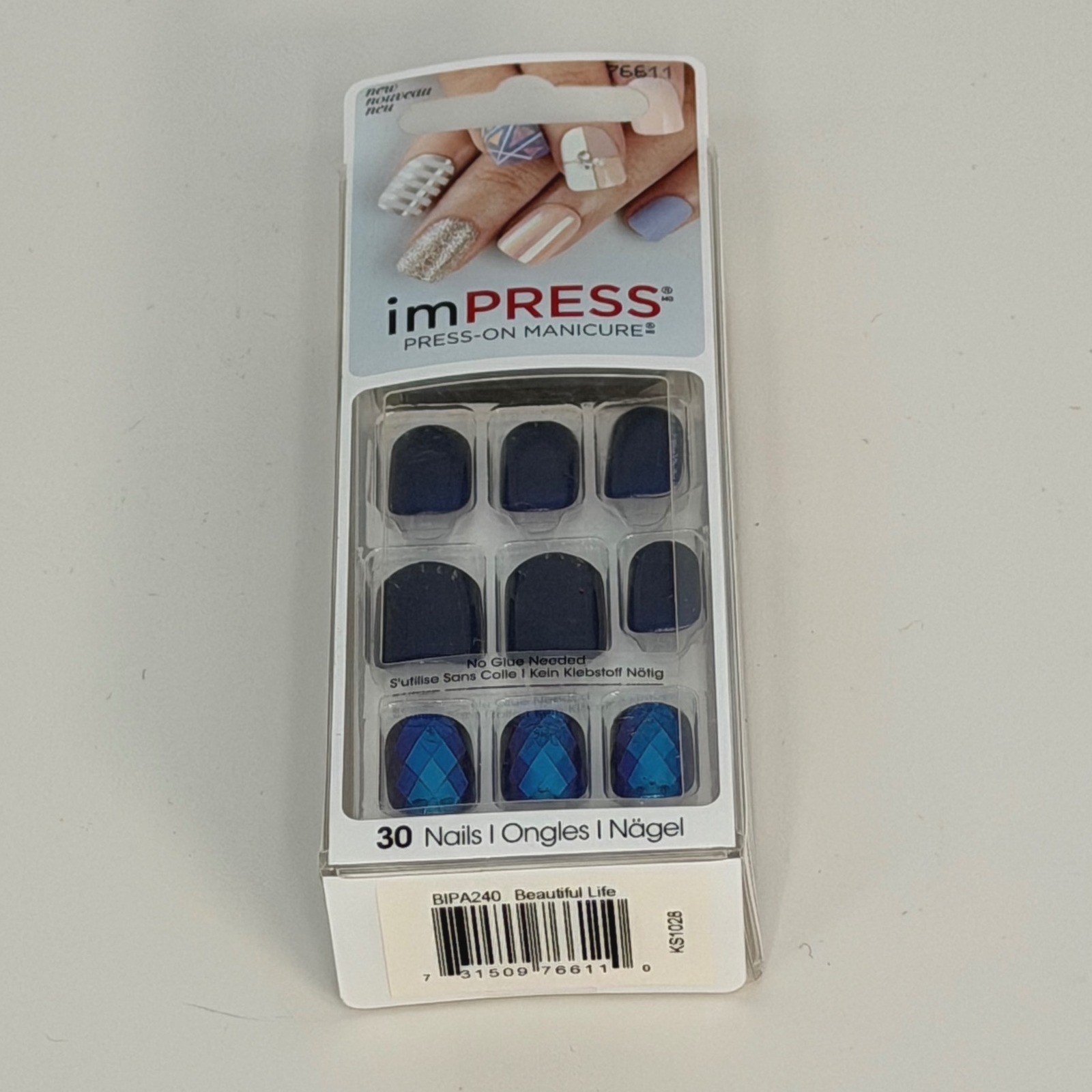 impress Press On Manicure 30 Nails Dark Blue Diamond Accent Short Square 94-22