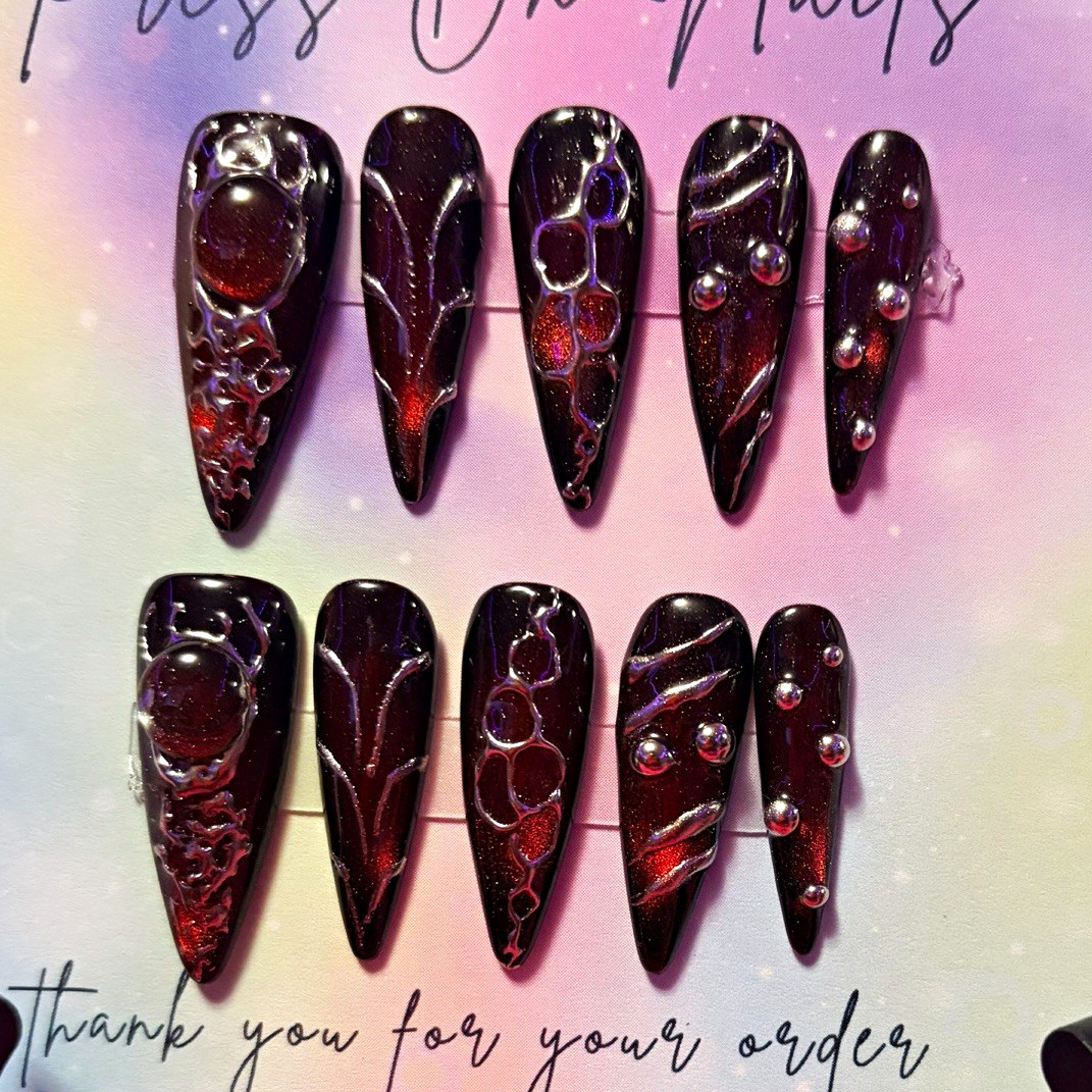 Handmade Black/Red 3D Gothic Stiletto Press-On Nails, Long Full Cover
