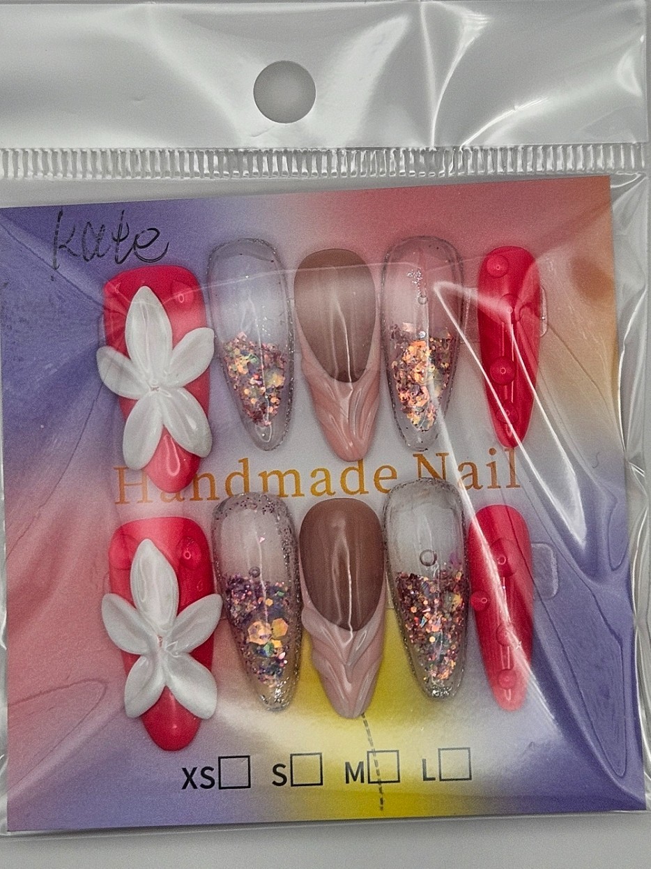 Press On Water Nails – Hot Pink, Opal Pink Glitter Size Medium (10 pack)