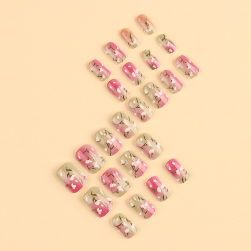 48Pcs-Short Square Gradient Pink Orange Floral Glitter Fake Press on Nails Set
