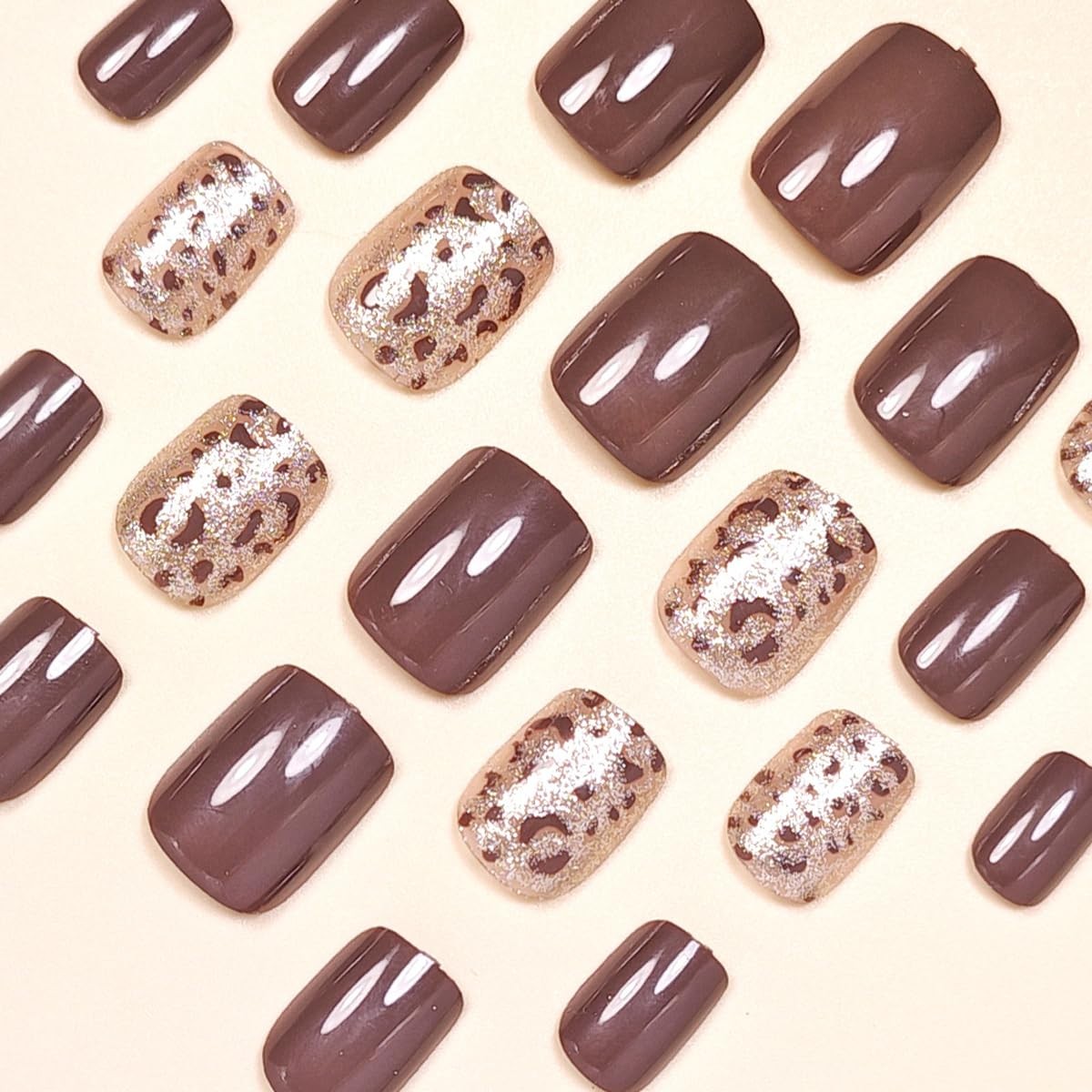 Short Square Press on Nails Brown Fake Nails Leopard False Nails Glitter Desi…