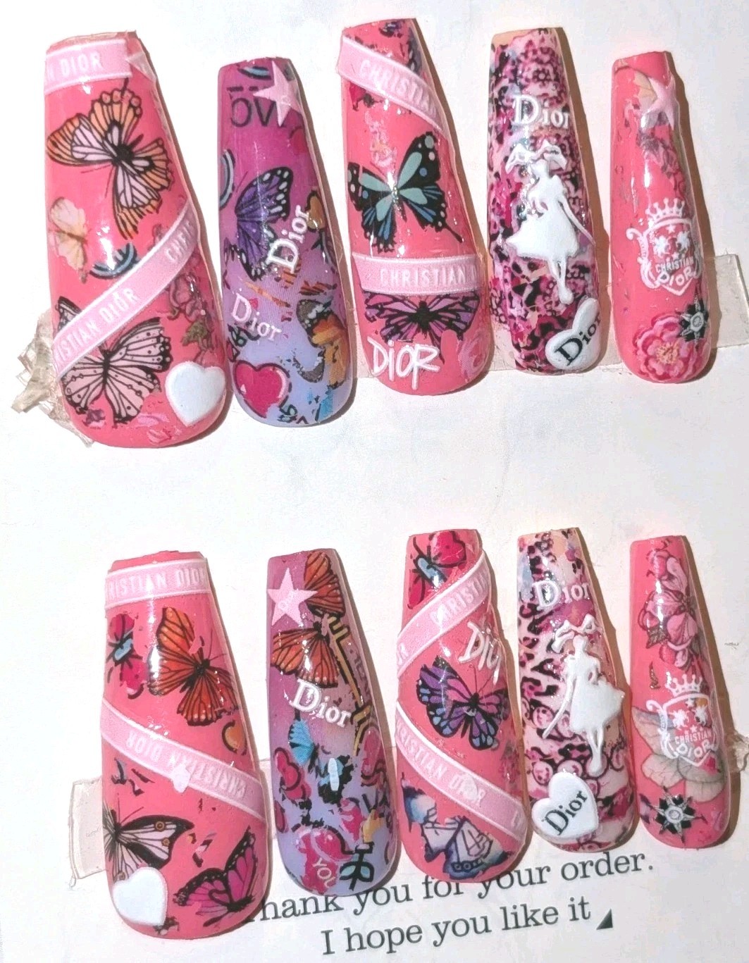 Printed custom decorative 10pc short acrylic press on nails sz large Glue…
