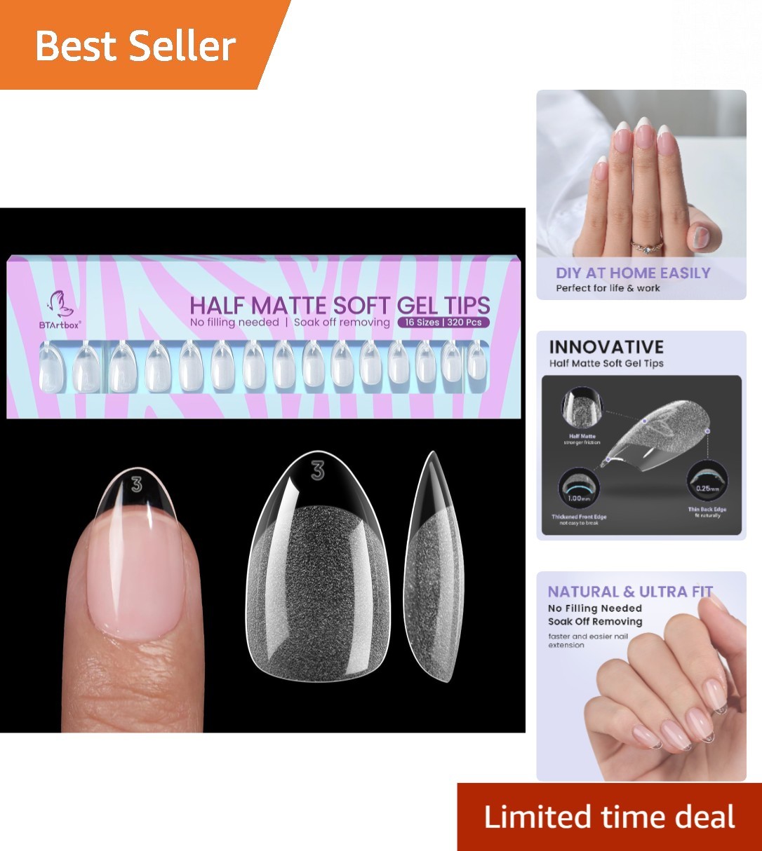 320pcs Short Almond Nail Tips – Soft Gel, Half Matte for Natural Nail Extensions