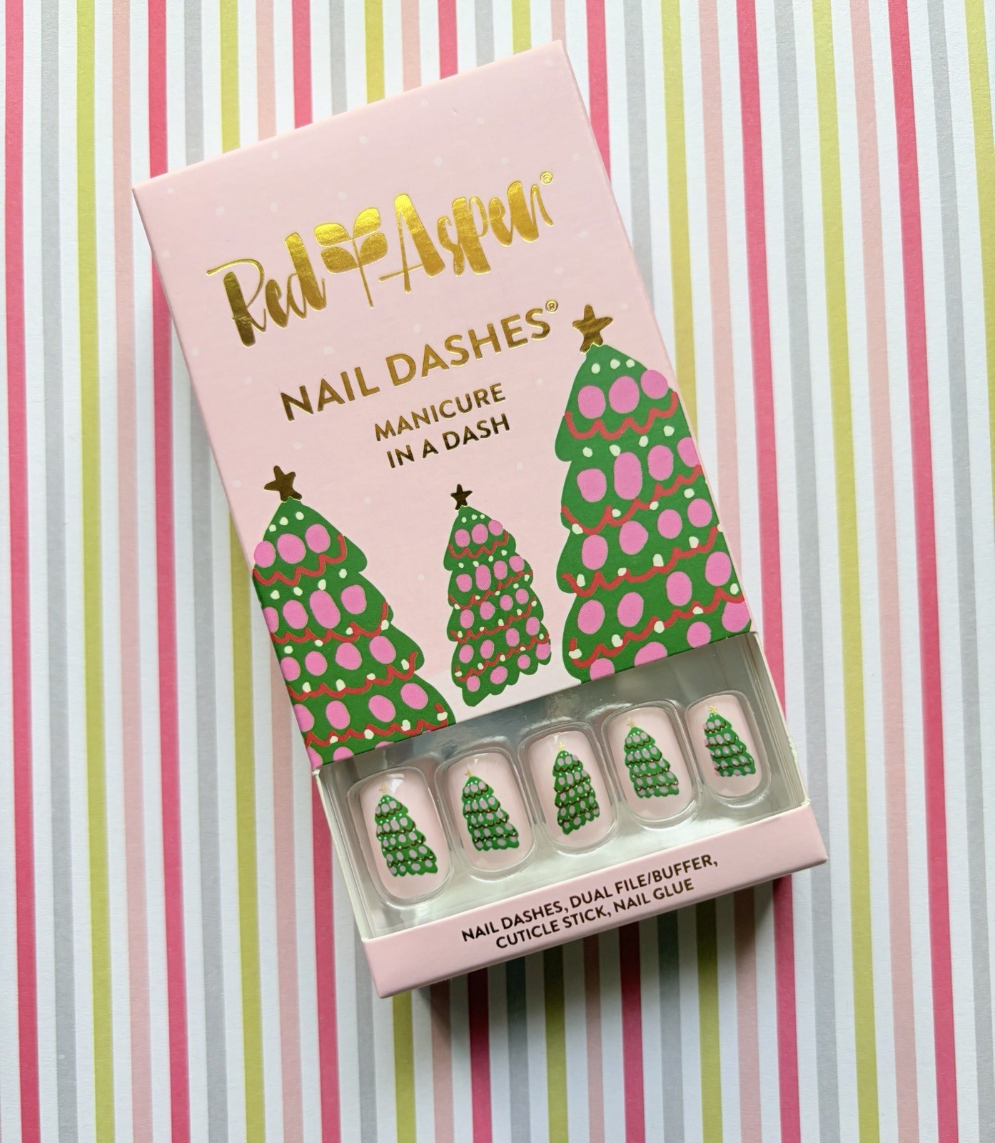 Red Aspen Press On Nails HOLIDAY MARKET MARIA Medium Square Nail Dashes New