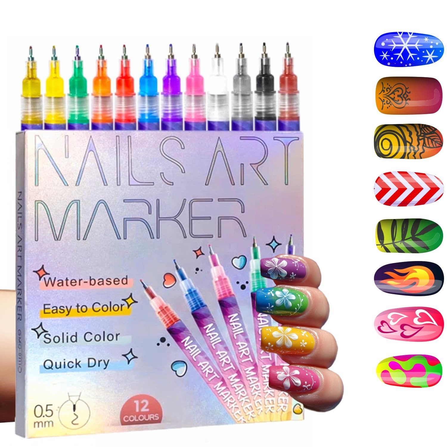 12-Color Nail Art Pens Set – Fine Tip Quick-Dry Waterproof Markers for Gel & Acr