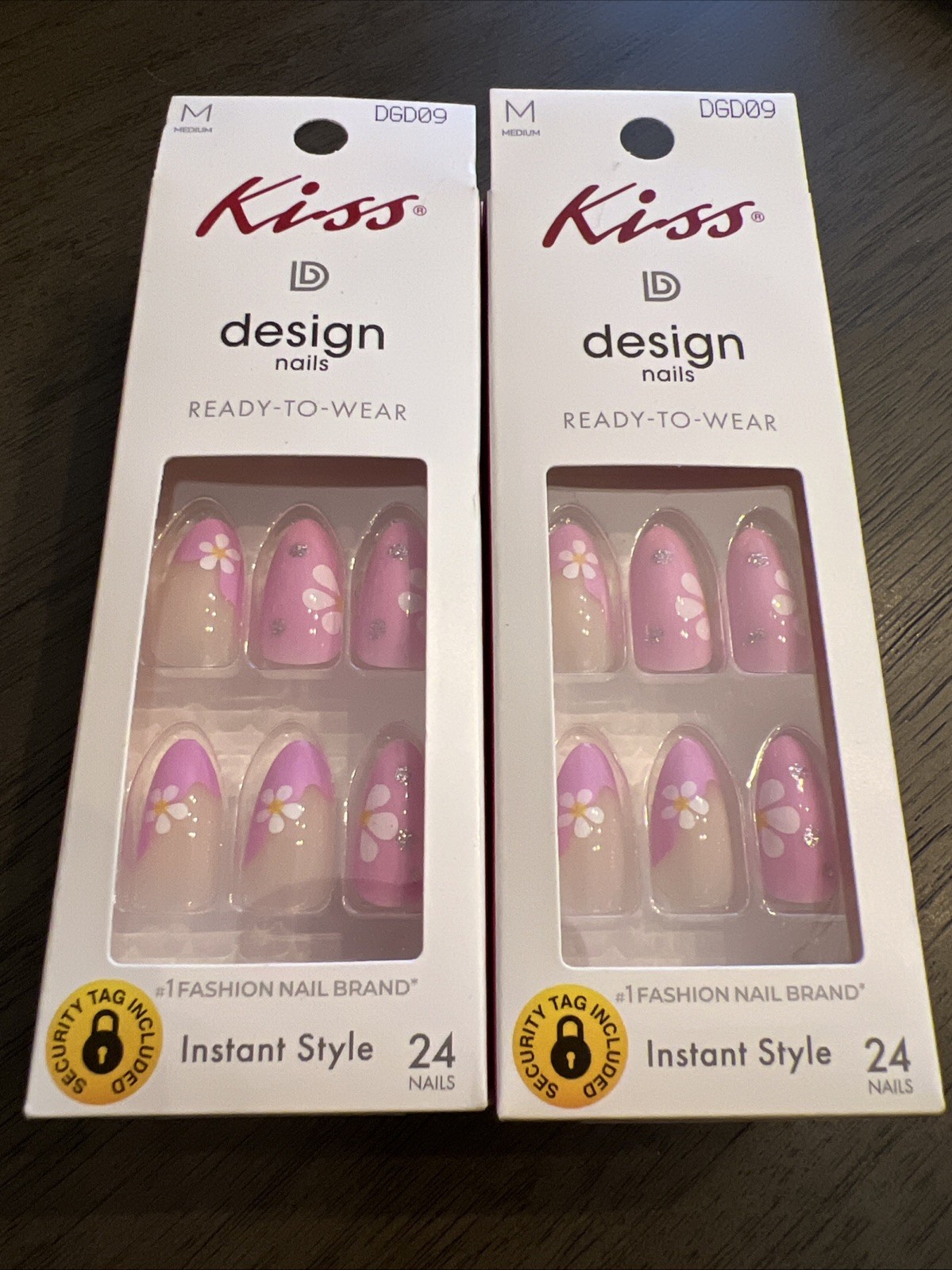 2x~Kiss Design Ready To Wear Glue Nail~Medium Almond Shape~Pink Flowers Glitter