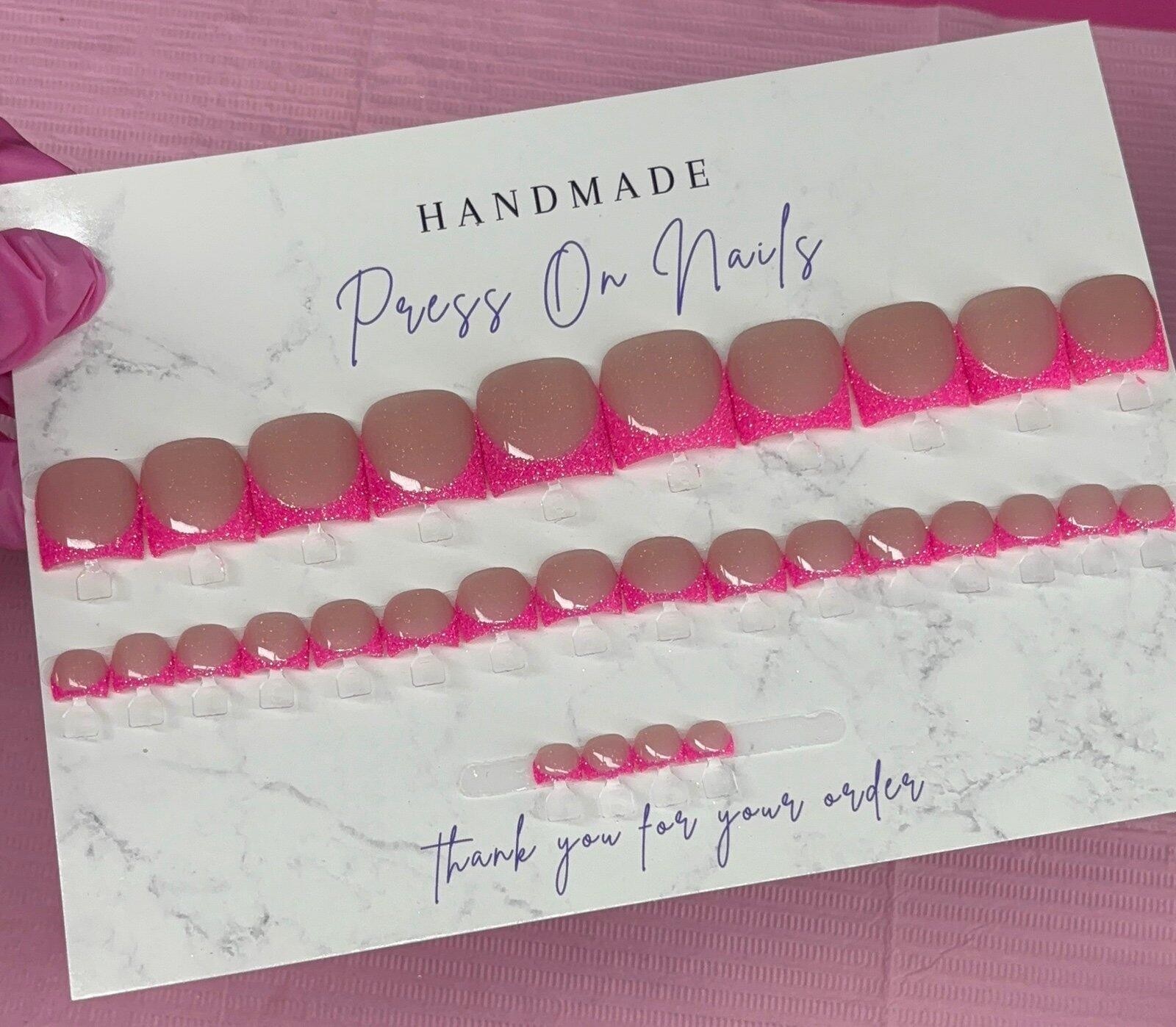 Press on toenails pink glitter French tips handmade custom builder gel nude