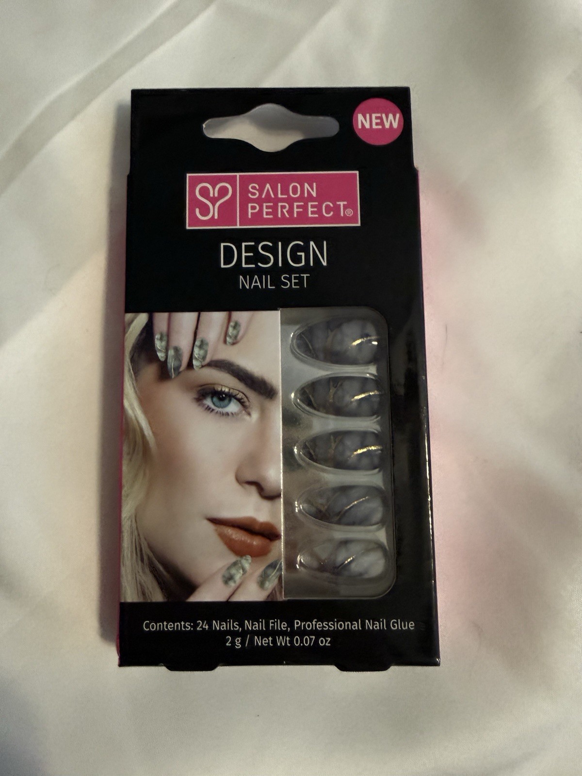Salon Perfect Press-On Nails Pre-Designed Gray White Gold Shiny Glue