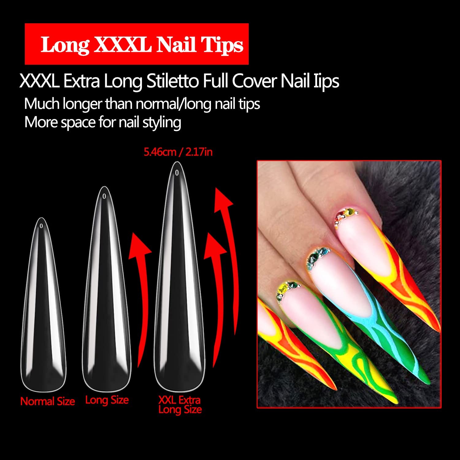 600PCS No C Curve Stiletto Nail Tips, XXXL Extra Long Stiletto Full Cover Nai…