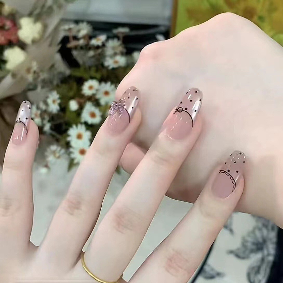 Cute Bow and Polka Dot Lace Long Almond Glossy Finish Reusable press on nails