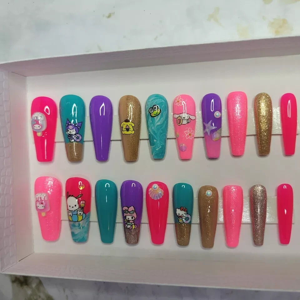 Hello Kitty, Kuromi, My Melody Press-on Nails, Gel, 20 Nail Set, Rhinestones USA