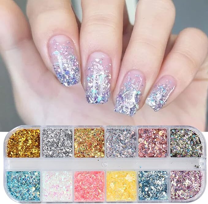 12 Grids Glitter Nail Art Colourful Scattered 3D Decoration Bling Studs Craft UK