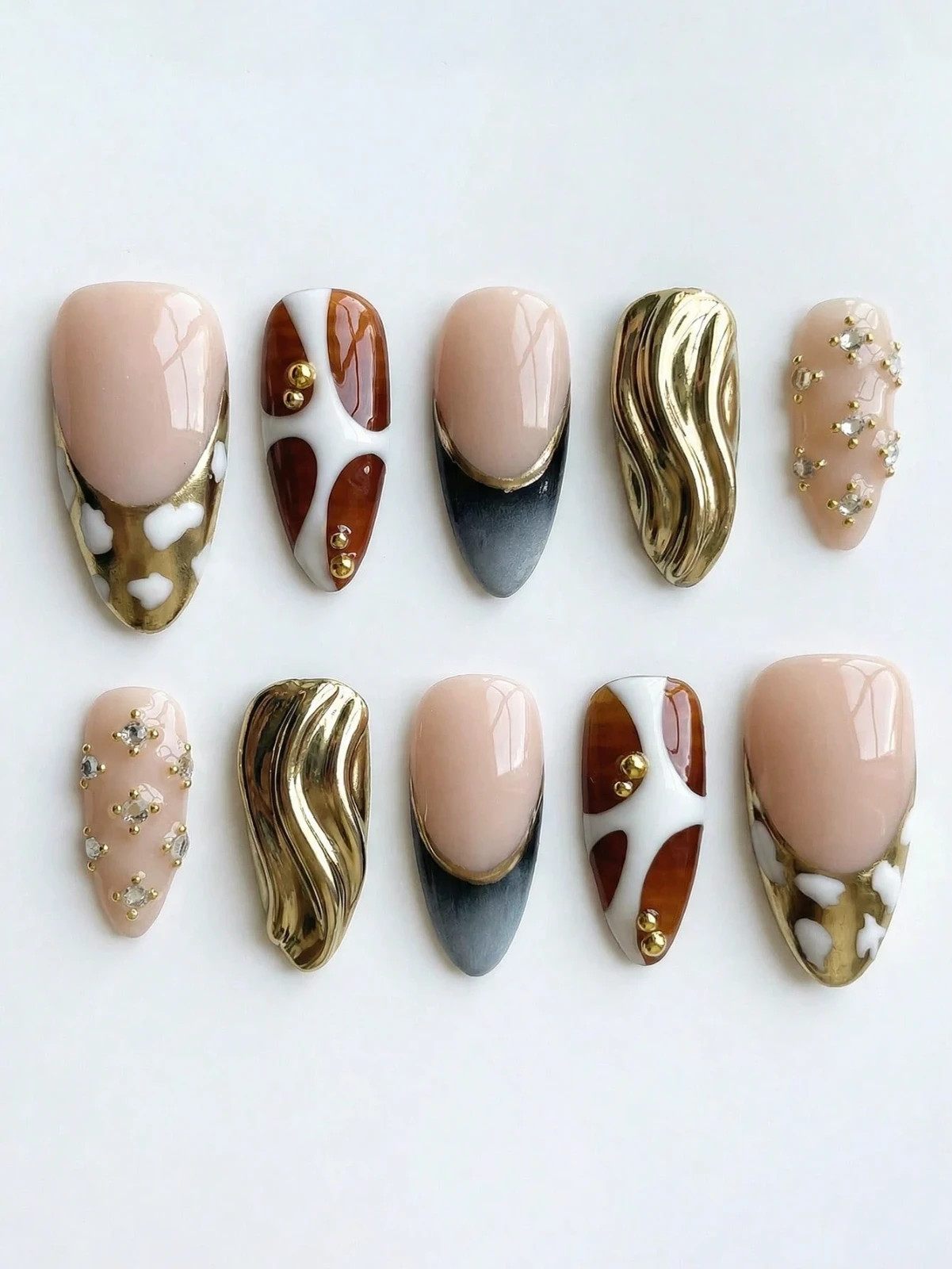 10PCS Handmade Almond Press On Nails Zebra Tortoise French Metal Charms Reusable