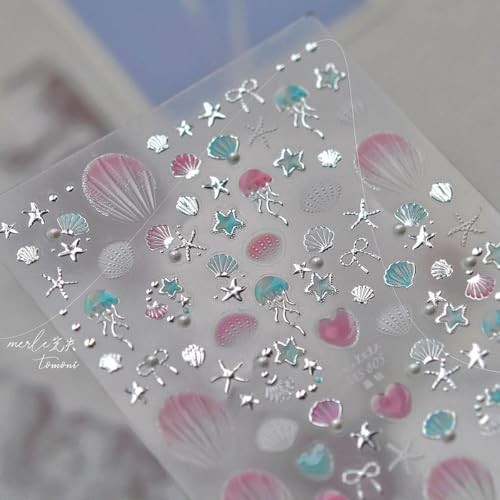 2Pcs Summer Nail Stickers for Nails Art,Extra Shiny shell starfish gold silver