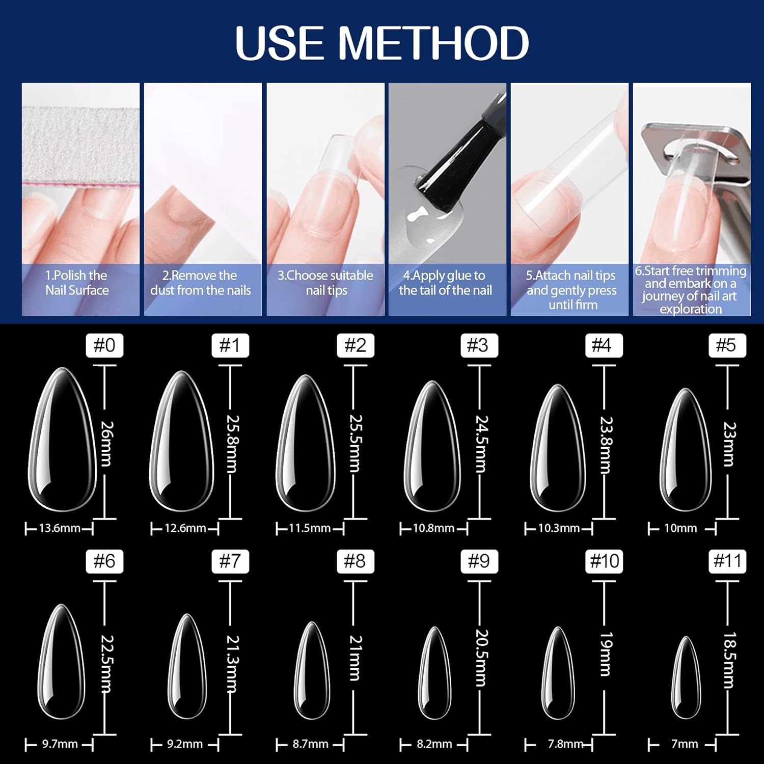 UNA GELLA Almond Gel Nail Tips 504PCS, Medium Clear Full Cover Soft Press On