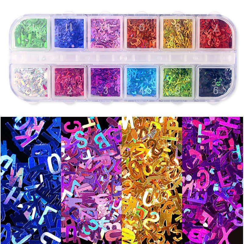 12 Colors Holographics Letter Nail Art Sequins Colorful UV Gel Decoration