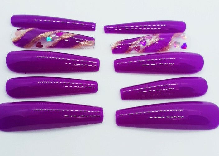 XXL Long Purple Nails Coffin Ballerina Gold Pink Hearts Love-Clearance
