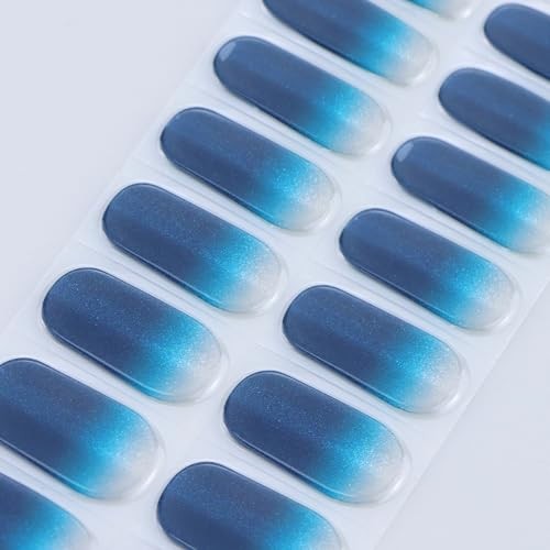 Gel Nail Stickers Semi Cured Gel Nail Strips Wraps Blue Gradient Cat Eye