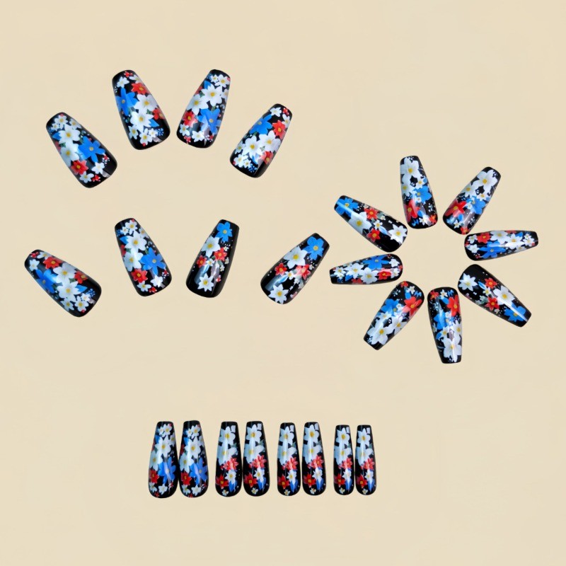 48 Pcs of Medium To Long Ballet Nail, Blue Plant Flower, Fashionable Fake Nail