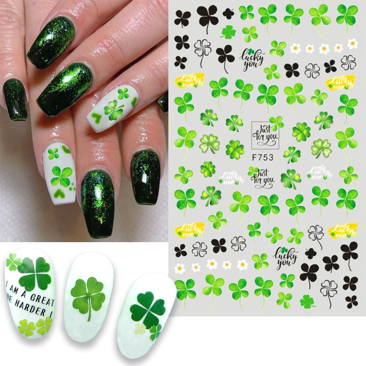 6 Sheets St. Patrick’s Day Nail Art Stickers Green Shamrock Nails