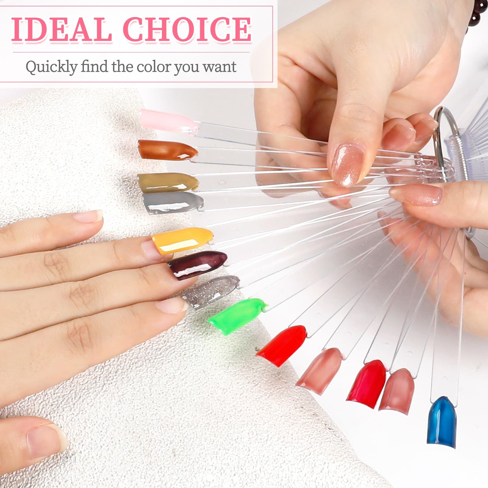 100 Pcs Clear Nail Swatch Sticks with Ring Fan Shape Nail Color Swatches Sticks