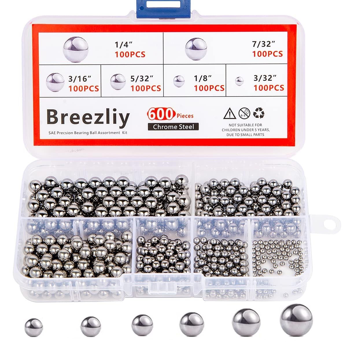 600 Piece 6 Sizes Assorted Loose Bicycle Bearing Balls 1/4″ 7/32″ 3/16″ 5/