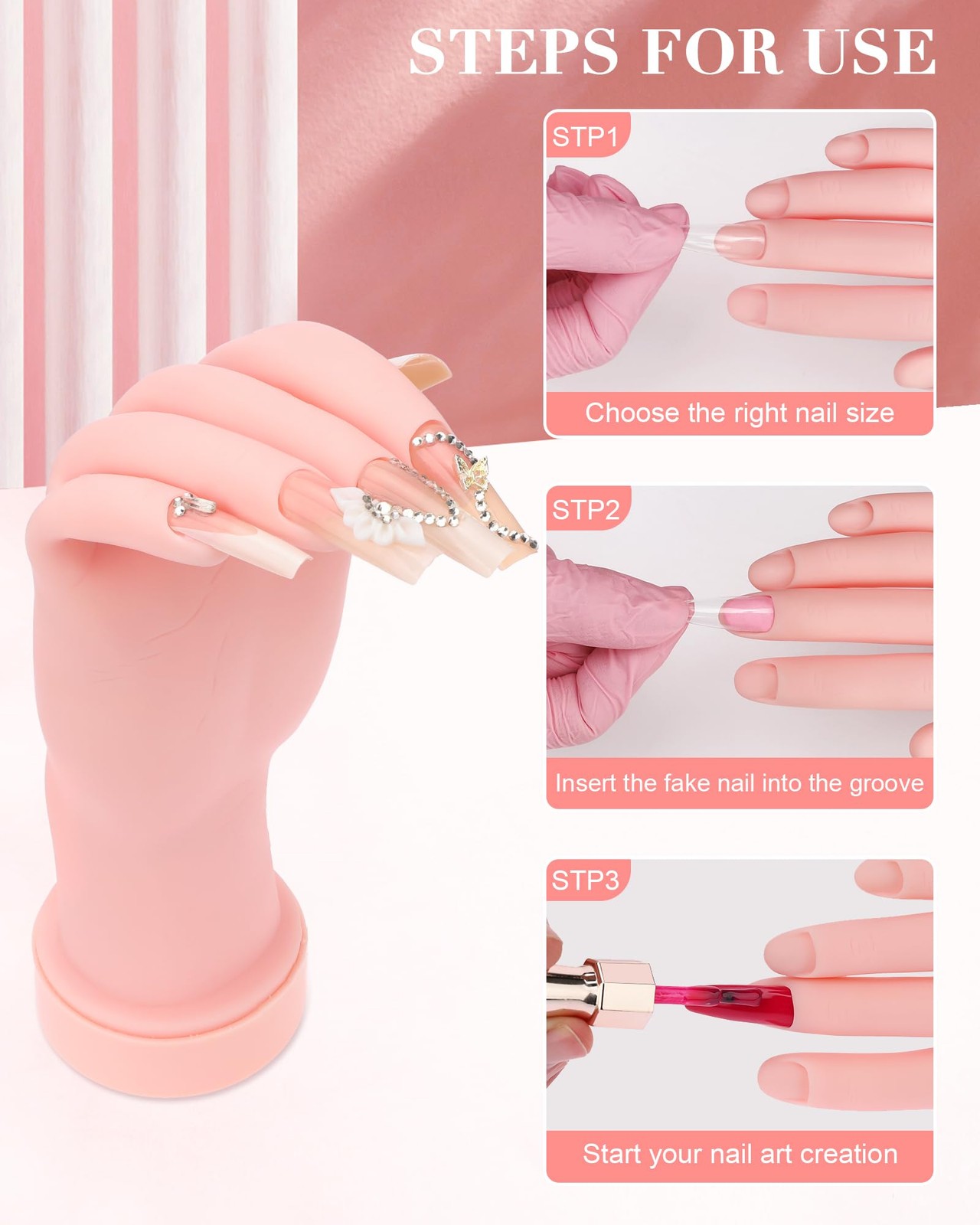 Practice Hand for Acrylic Nails Soft Touch Mannequin 8.99 x 3.07in, Pink