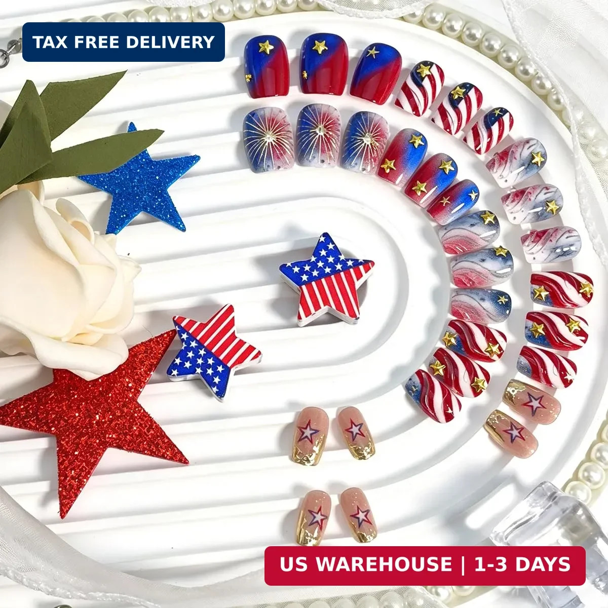 4th of July Press on Nails Medium Square Independence Day Fake Nails 3D Gold Sta