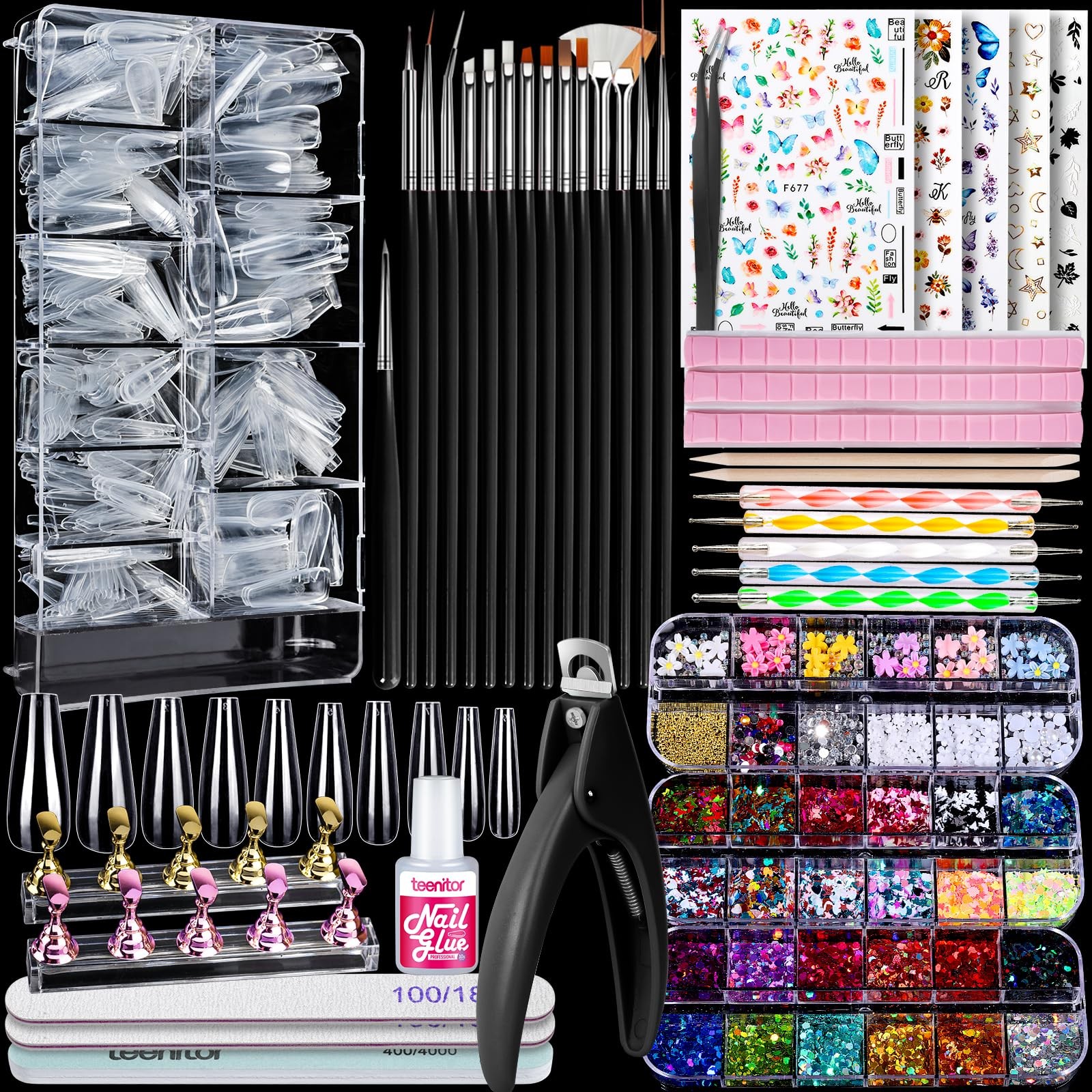 Teenitor Press On Nail Kit – Clear Coffin Tips, Art Brushes, Black