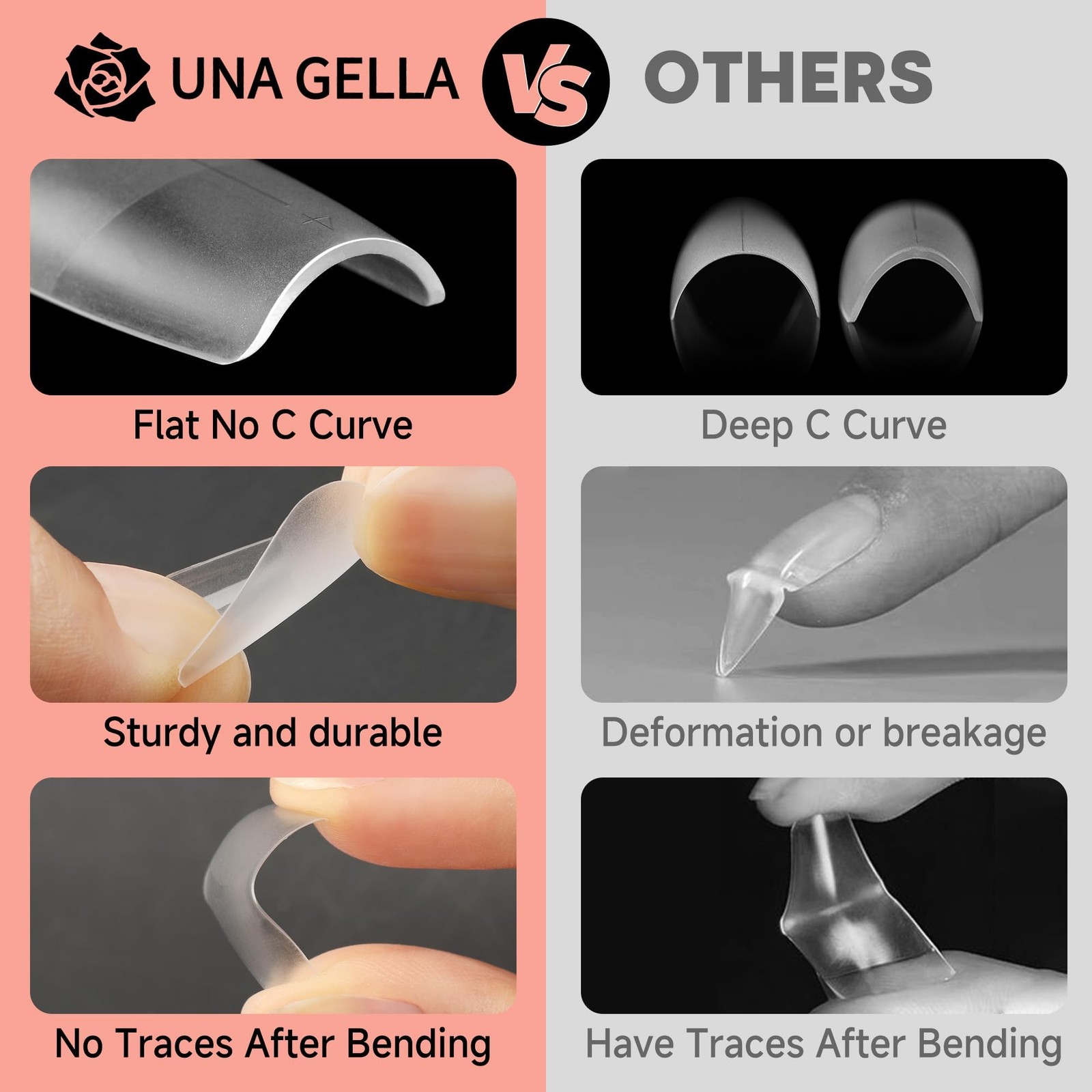 UNA GELLA Short Square Nail Tips Pre-buff 504 Piece Assortment,