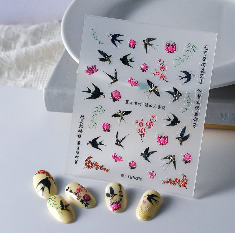 NAIL ART 5D Nail Swallow Birds Flower Nail Stickers Decoration NS54
