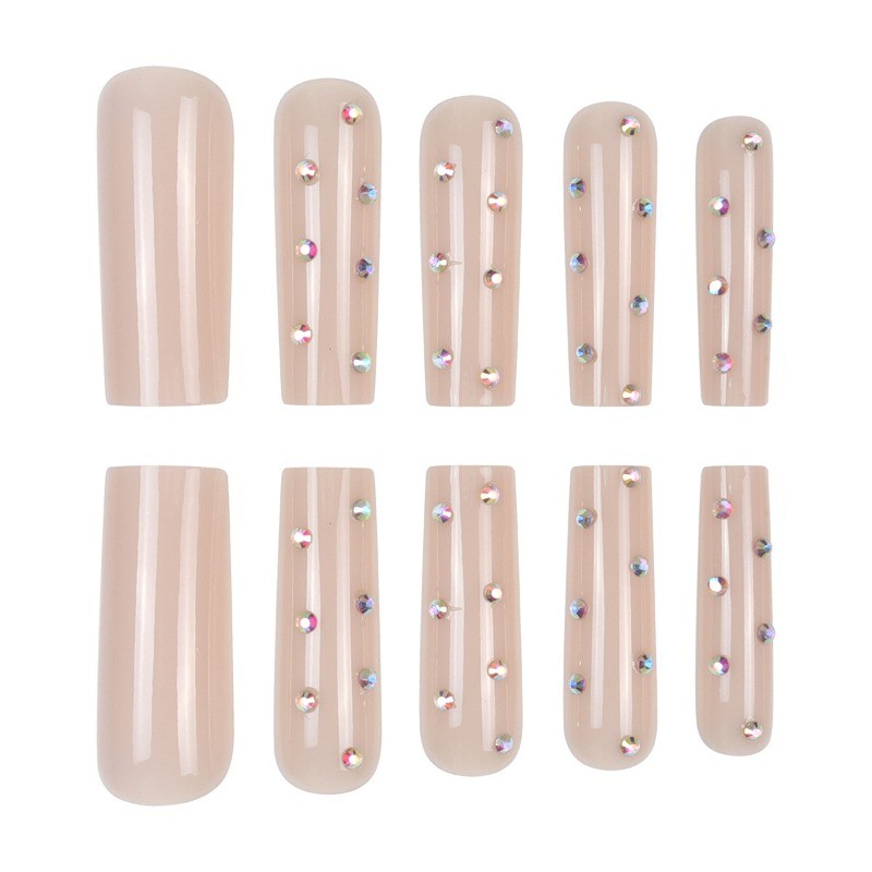 48pcs-Simple Nude Press on Nail, Extra Long Coffin with Scattered Clear Crystals