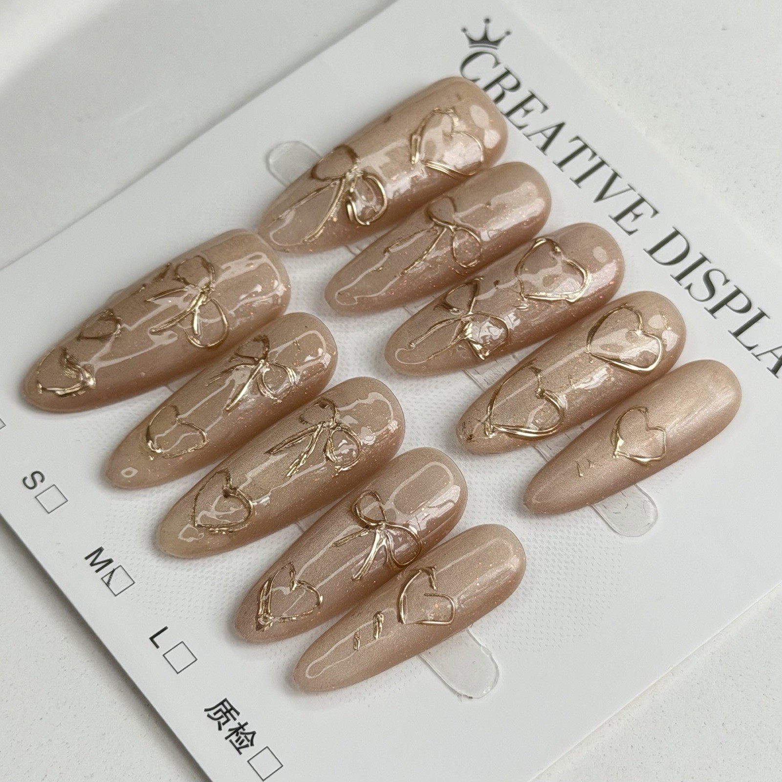 Handmade Bow And Heart Love Press-On Nails Long Oval Size M Reusable Fake Nail