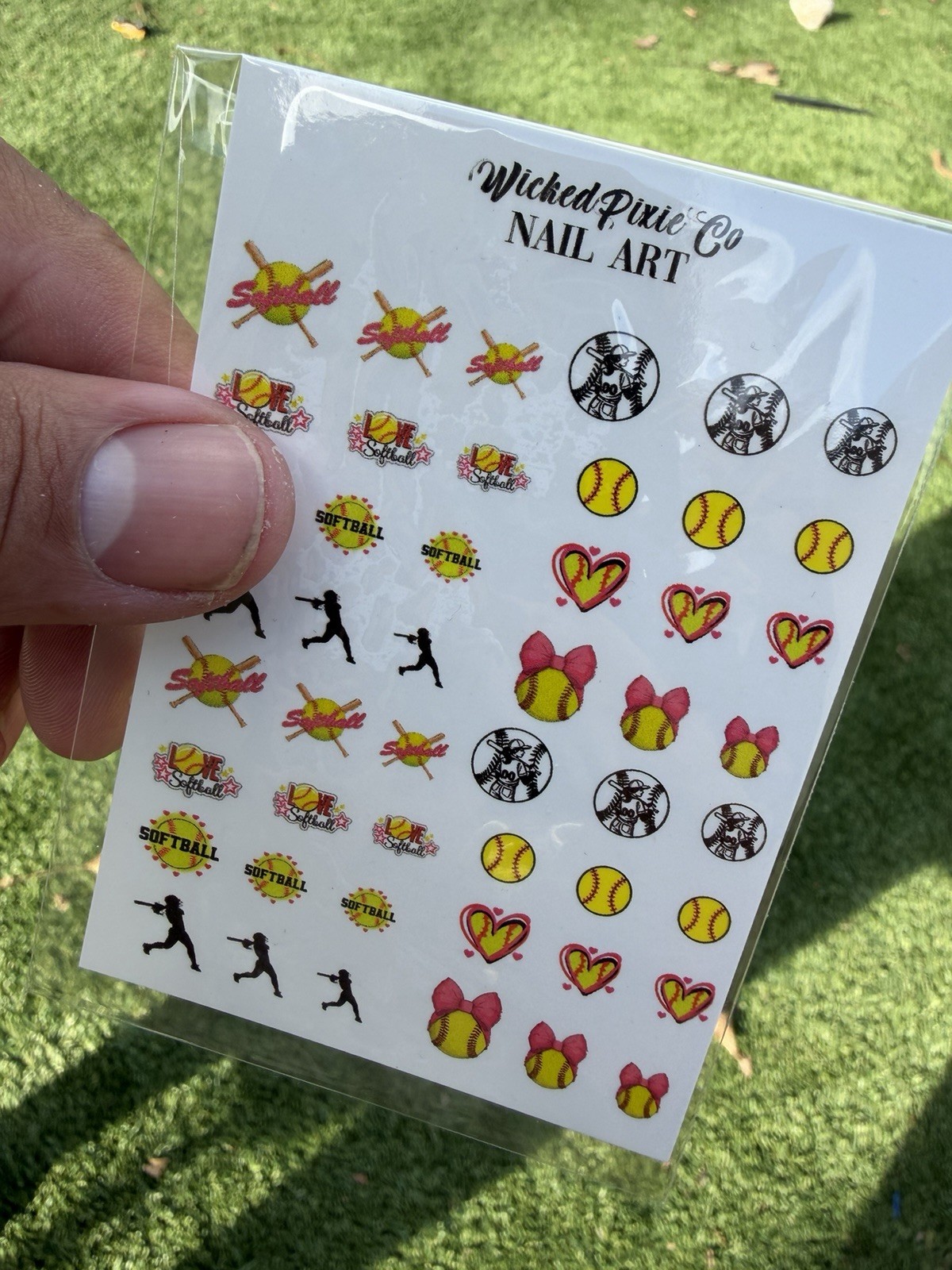Nail Art Softball Heart Bow Nail Art Water decals Yellow Pink Black