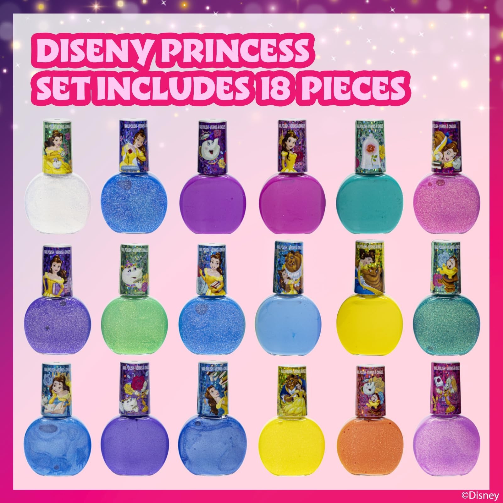 Townley Girl Disney Princess Belle 18 Piece Water-Based Nail Polish Set, Quic…