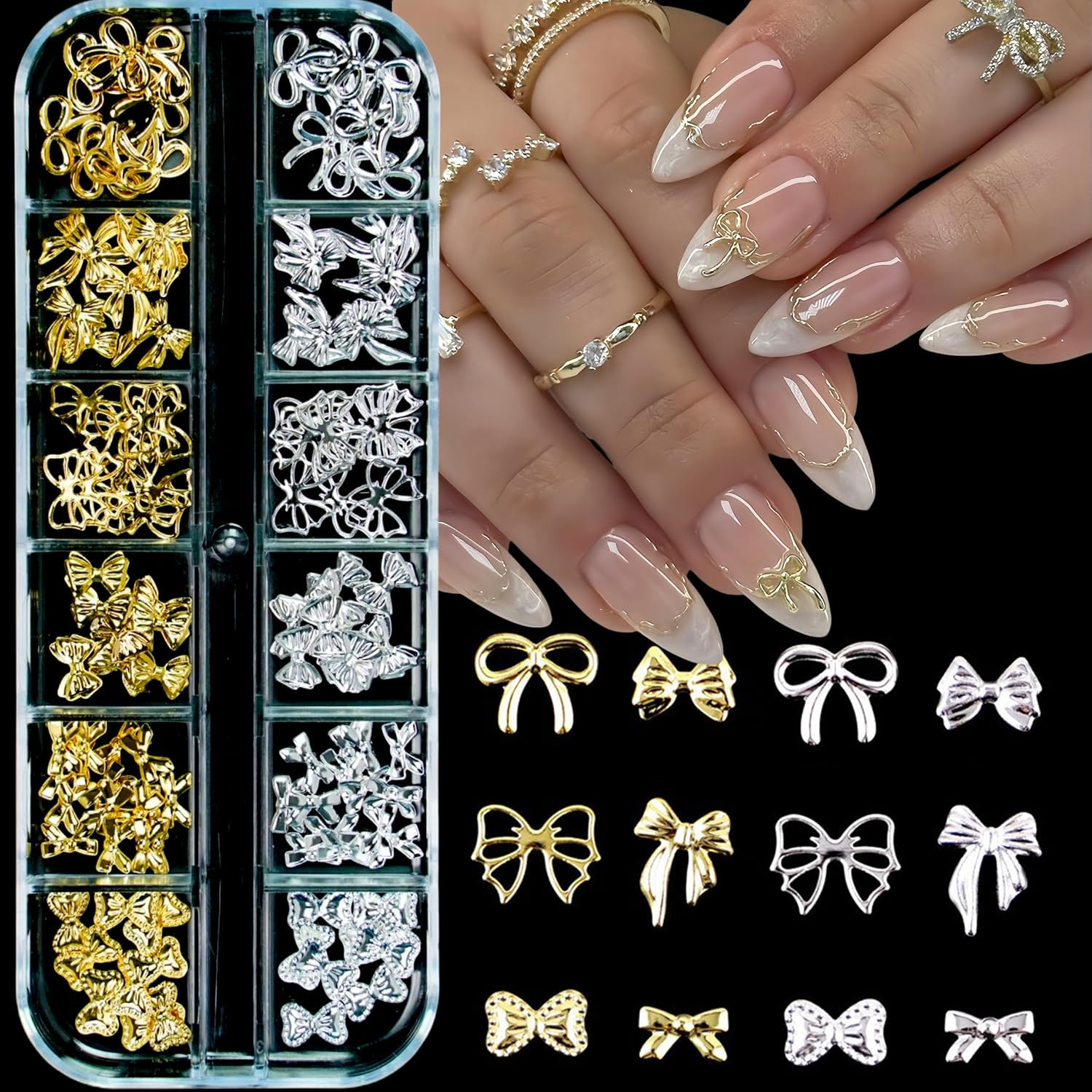1Box Gold Sliver Bow Nail Charms 12 Designs Assorted 3D Metal Bow Nail Rhineston