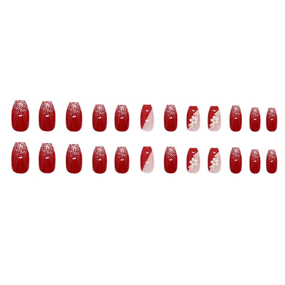 48Pcs-Medium Square Wine Red Glitter Gradient Flower Rhinestone Press on Nails